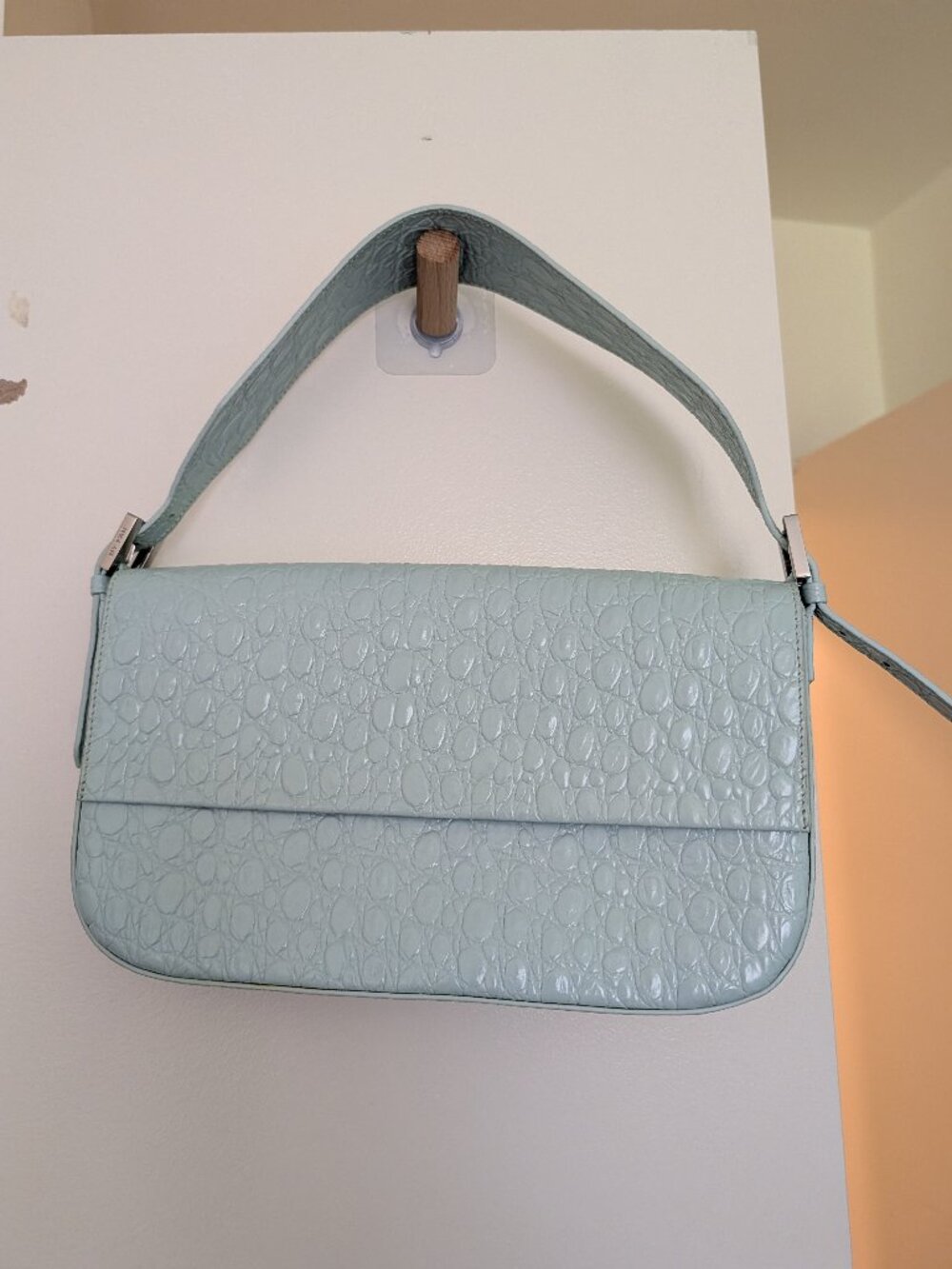BY FAR Ice Blue Croc Embossed Leather Baguette Bag Silver Hardware Made Bulgaria